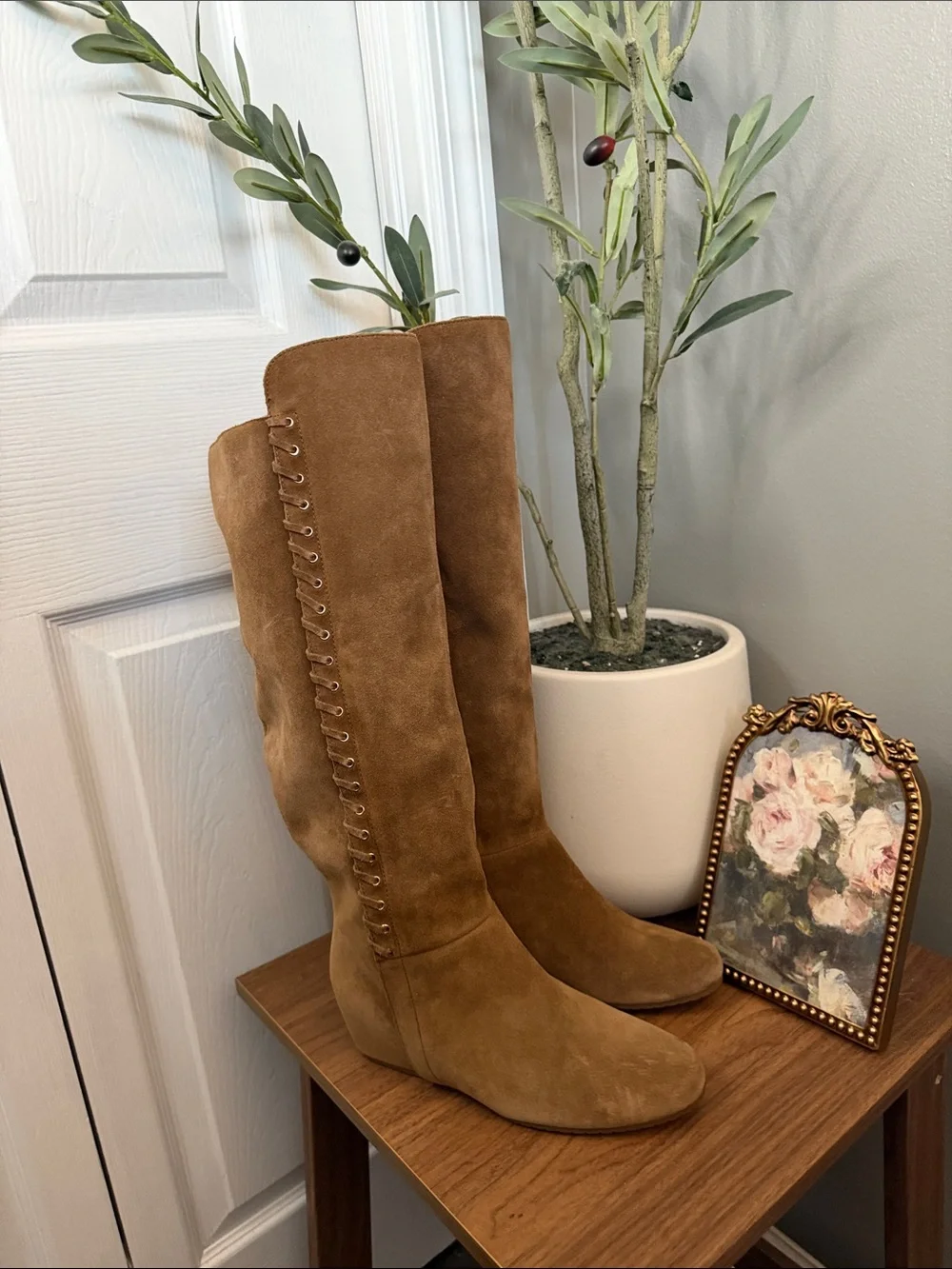 Isola Tavares Brown Suede Knee High Wedge Boots Whipstitch Boho Size 6.5